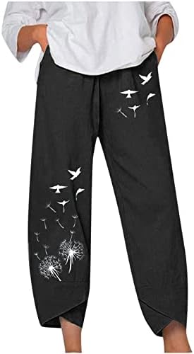 דק קיץ רחב רגל מכנסיים נשים של קומפי לנשימה מודפס כותנה פשתן מכנסיים כושר רופף מכנסיים עם כיסים