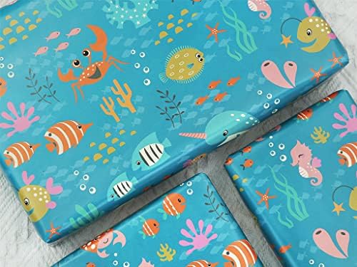 נייר עטיפת יום הולדת בנושא אוקיינוס לילדים בנות בנים, מתחת למים עיצוב חוף בעלי חיים נייר עטיפת