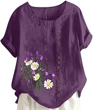 חולצות שרוול קצר לנשים דייזי פרג פרח גרפי בתוספת גודל טיז עליון צווארון עגול פשתן חולצות טרקלין 2023