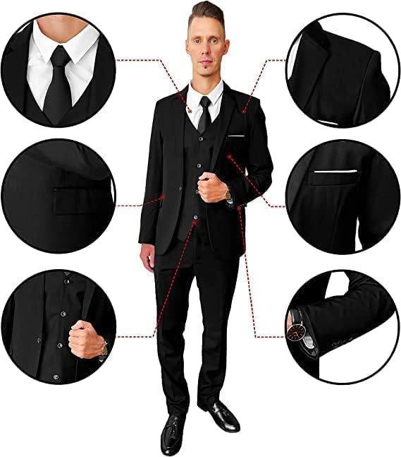חליפת גברים 3 חלקים בכושר סליקס, ז ' קט מסוגנן בכושר דק, מכנסיים, אפוד, 2 עניבות וחגורה, מושלם לחתונות,