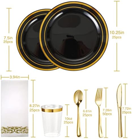 200 יחידים FAMGATHER צלחות פלסטיק שחורות עם שפת זהב חד פעמית חד פעמית כלי אוכל זהב שחור סט למסיבה 25 צלחות