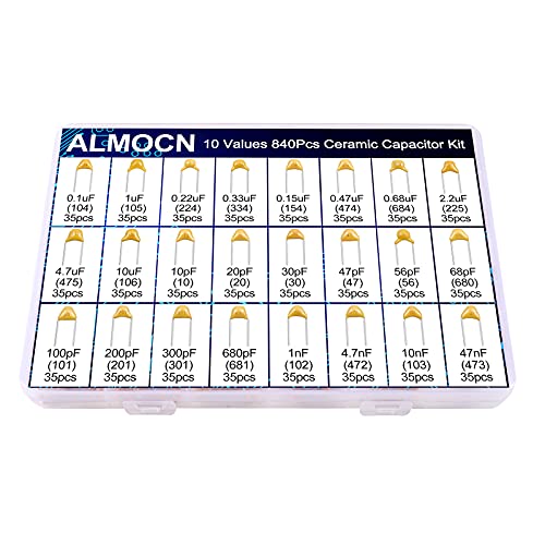 ערכי Almocn 24 840 PCS ערכת מבחר קבלים קרמיקה, קבלים טווח 10PF עד 10UF רב שכבתי קרמיקה עם קופסא