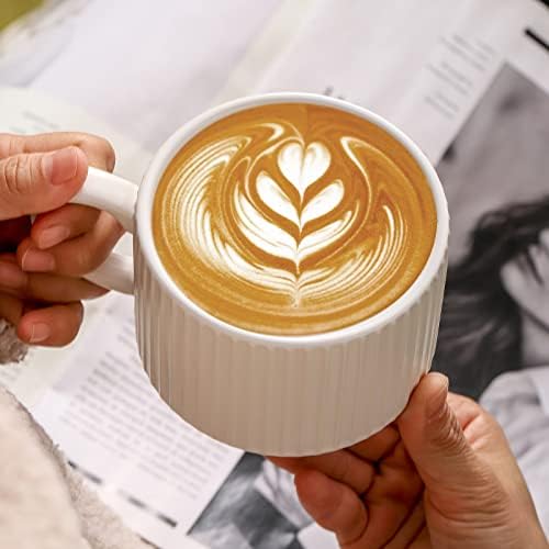 ספלי קפה קרמיקה של Hasense סט של 4 עם מתלה - 15 גרם הניתנים לערימה גדולה של כוס לאטה מצולעת לחרסינה
