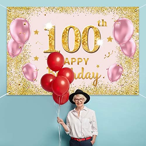 פקבוום באנר רקע יום הולדת 100 שמח-100 אספקת קישוטים למסיבת יום הולדת לנשים-ורוד זהב 3.9 על 5.9 רגל