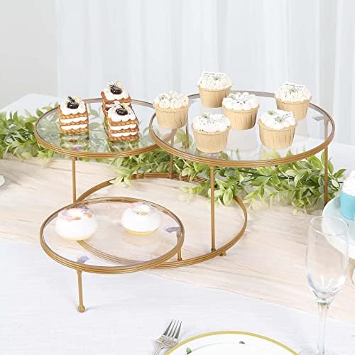 שולחן שולחן פקטורי 23 דוכן קאפקייקס מתכת זהב 3 שכבות עם צלחות אקריליות עגולות ברורות, מחזיק תצוגת עוגת
