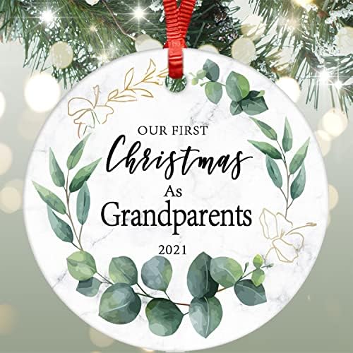 שלנו ראשון חג המולד כמו סבא וסבתא 2021 עגול קרמיקה קישוטי אקליפטוס עלים זר חג המולד תליית קישוט כפול צדדי תינוק