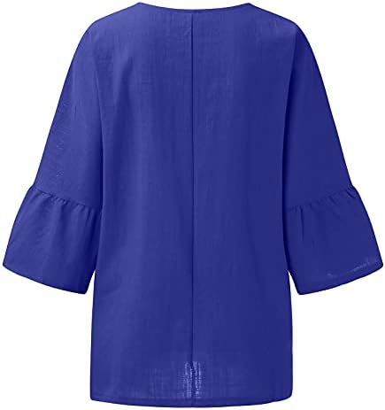 נשים כותנה פשתן חולצות קיץ קצר שרוול עם צווארון מוצק צבע טוניקת חולצות מזדמן רופף בכושר זורם חולצה עם כיס