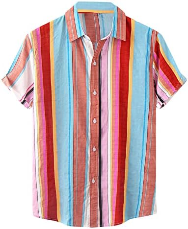 XXBR שרוול קצר חולצות הוואי לגברים, כפתור למטה צווארון דש צווארון פסים משובץ חולצה מזדמנים מודפסים חולצות