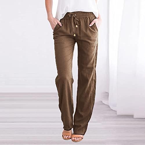 פשתן תערובת מכנסיים לנשים, רגיל גבוהה מותן ישר רגליים מתגנדר שרוך פשתן מכנסיים עם כיסי נשים מכנסיים