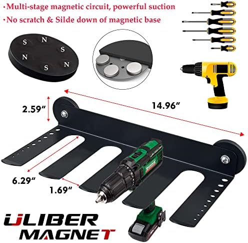 UliberMagnet 2 חבילה ווים מגנט מוסך גדול ומארגן כלי כוח מגנטי, מחזיק תרגיל אלחוטי כבד לכלי תלייה מקורה וחיצונית,