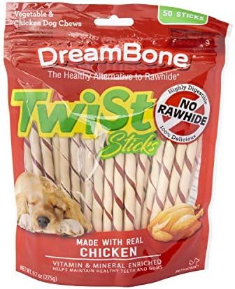 מקלות טוויסט של דינגו 50 ספירה, עור גולמי לכלבים, מיוצרים עם עוף אמיתי, 50 ספירות ומקלות טוויסט עצם חלומות, לעיסה