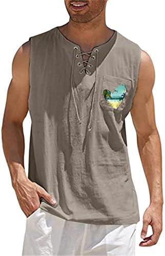 פשתן כותנה של ZDDO לגברים גופיות היפי קיץ תחרה למעלה V חולצות אפוד ללא שרוולים בצוואר חוף גרפי פשוט