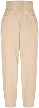 נשים של פשתן מכנסיים קיץ מזדמן רחב רגל מכנסיים רופף קפלי כפתור למטה גבוהה מותן מכנסיים עם כיסים