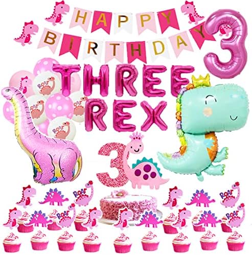 ציוד למסיבות דינוזאור ורוד לבנות קישוטי יום הולדת 3 ורוד שלוש השראה לדינוזאור דינוזאור בלונים באנר