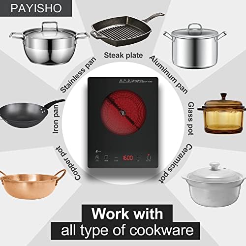 צלחת חמה ， Payisho 1600W מבער אינדוקציה יחידה ， תנור חשמלי נייד לבישול, מבער אינפרא אדום תואם