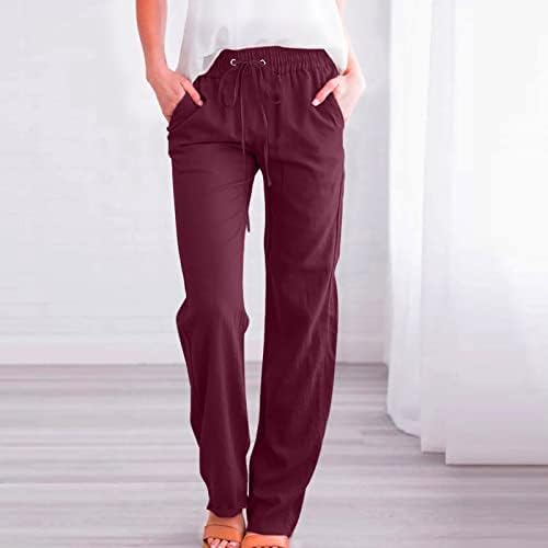 מכנסי פשתן כותנה מזדמנים של קיץ לנשים מכנסי רגל רחבים עם כיסים צבע אחיד עם מכנסי רגל ישר מכנסי חוף