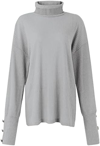 סוודר כותנה לנשים צוואר גולף גולף עליון כפתור סוודר רופף כלפי מעלה שרוול ארוך בצבע אחיד חולצה