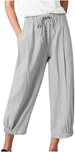 מכנסי פשתן לנשים מכנסיים קצוצים בקיץ מכנסיים חוף מכנסי קפרי קפרי אלסטיים מותניים מותניים רחבים מכנסיים עם