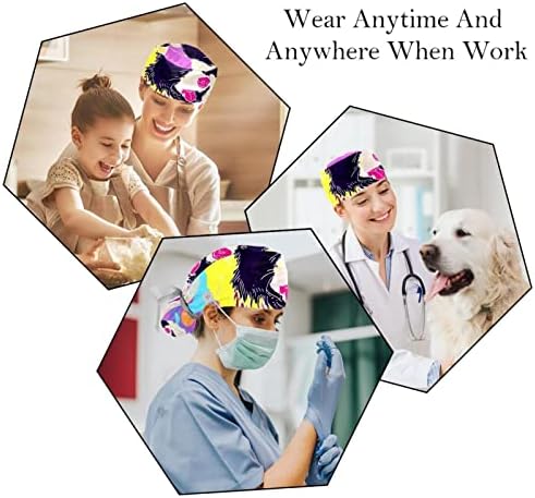 2 חבילות כובע ניתוח עם רצועת זיעה, כובעי בופנט נושמים שיער ארוך, כובעי קרצוף אחות מתכווננים כלב צבעוני