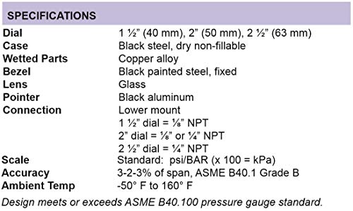 מד PIC 101D-254CD חיוג 2.5 אינץ ', טווח 30/0/60 PSI, 1/4 גודל חיבור NPT זכר, מד לחץ יבש תחתון עם מארז