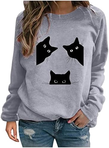 אופנה צוות צוואר סווטשירט לנשים מקרית חמוד חתול גרפי כושר רופף רך ארוך שרוול סוודר חולצות חולצות