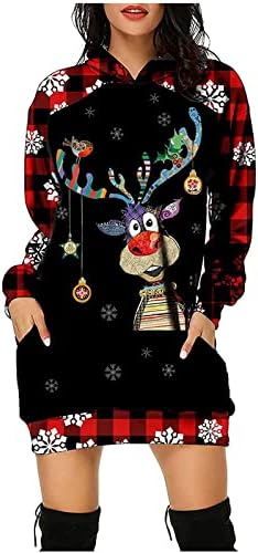 שמלות סוודר עם סוודאות ברדס של נשים טוניקת חג המולד טוניקת סווטשירט אופנה איילים הדפס שמלת קפוצ'ונים מזדמנים רופפים