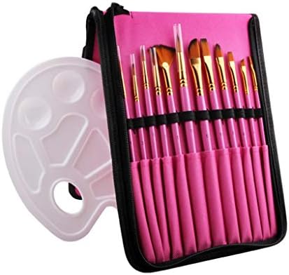 SAWQF 12 יחידות ניילון מנילון מברשות עט שמן מקצועי צבעי צבעי צבע מברשת צבע עם לוח צבעים ועיפרון מארז