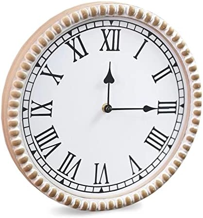 שעון קיר כפרי בעבודת יד של קורין בגודל 12 אינץ 'עם חרוזי עץ, שעון עץ אמיתי, עיצוב שעון קיר בית חווה, שעון