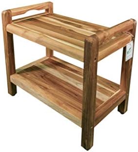 Ecodecors Eleganto ספסל מקלחת טיק ארצי דו-שכבתית מושב עץ מושב עץ שרפרף מקלחת עם מדף אחסון וזרועות