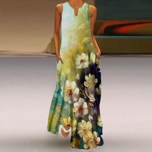 2023 נשים מקרית מקסי שמלה ללא שרוולים עניבה לצבוע פרחוני הדפסת זורם ארוך שמלות קיץ רופף שמלה קיצית בכושר עם כיסים