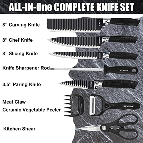 סט סכין מטבח שחור עם מספריים מחדדים, 8 יחידות ערכות סכינים חדות מוצקות מנירוסטה למטבח עם ציפוי נון סטיק