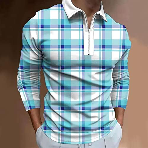 Xxbr 2022 חולצות פולו משובצות גברים חדשים, שרוול ארוך 1/4 רוכסן צוואר גולף צוואר גולף משובץ בגדי רחוב חולצה