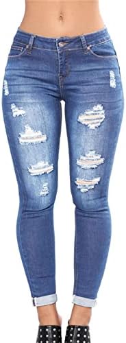 נשים של קרע למתוח קרסול ג 'ינס אמצע עלייה נהרס רזה בכושר ג' ינס מכנסיים במצוקה החבר ז ' אן מכנסיים