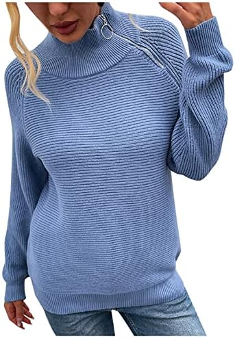 סוודרים לנשים נופלים שמנמנים סרוגים שרוול ארוך סוודר סוודר צבע אחיד בצווארון גולף קז'ופ רוכסן