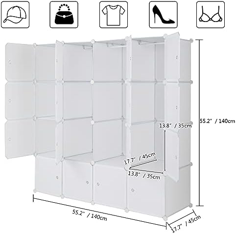 16 קוביית ארגונית לגיבוב פלסטיק קוביית אחסון מדפי עיצוב רב תכליתי מודולרי ארון ארון עם תליית מוט לבן