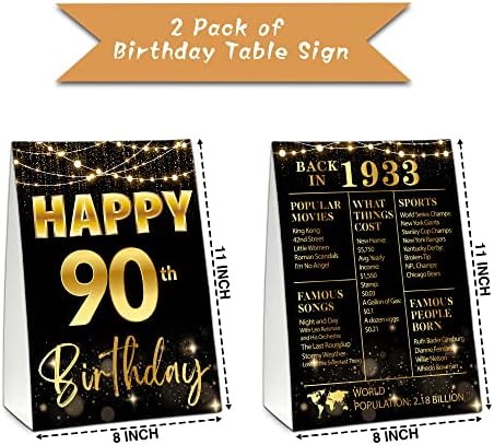 שלט שולחן יום הולדת 90, שחור וזהב בחזרה בשנת 1933 קישוטים למסיבות יום הולדת, מתנות יום הולדת וינטג