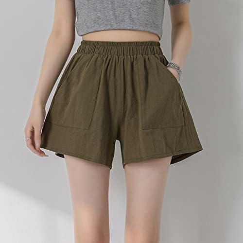 OPLXUO נשים מכנסי פשתן כותנה קצרים קיץ מותניים אלסטיים רחבים מכנסיים קצרים מזדמנים תלבושות חופשה קלות