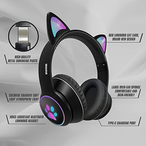 Midola Gaming Bluetooth 5.0 אוזניות אלחוטיות אוזניות חתול מעל אוזניות מוסיקה מתקפלות אור LED