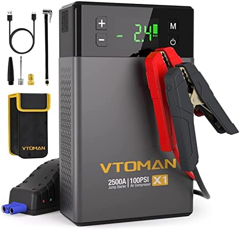 Vtoman x1 קפיצה מתנע עם מדחס אוויר, מגבר סוללות נייד 2500A עם מתנפח צמיג אוטומטי דיגיטלי של 100psi, 12