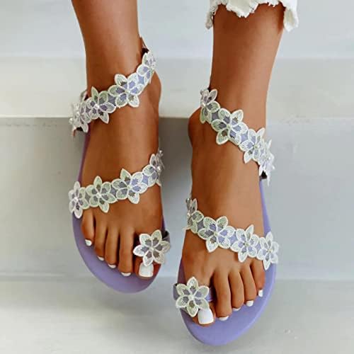 WICVIK סנדלים שטוחים לנשים בוהמיה נעלי פרח תחרה אופנה טבעת קיץ טבעת בוהן סנדלי ייעוד כפכפים