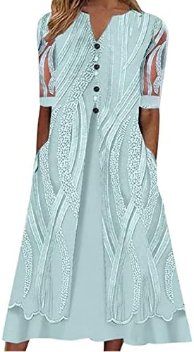 שמלת יום נשים הדפסת אופנה V רשת צוואר שרוול קצר שרוול רופף כפתור רופף כיס כיס חמוד קז'ואל