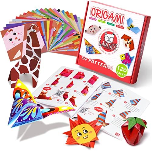 Gamenote ערכת אוריגמי צבעונית לילדים 54 פרויקטים 120 נייר אוריגמי דו צדדי 12 גיליונות תרגול ניירות אוריגמי