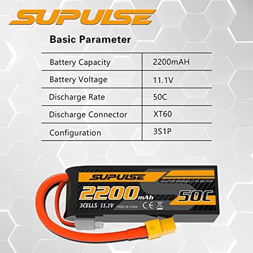 Supulse 2PCS 11.1V 3S 2200MAH 50C סוללת LIPO עם תקע XT60, תיק סוללה סוללת LIPO פיצוץ גדול, מטען