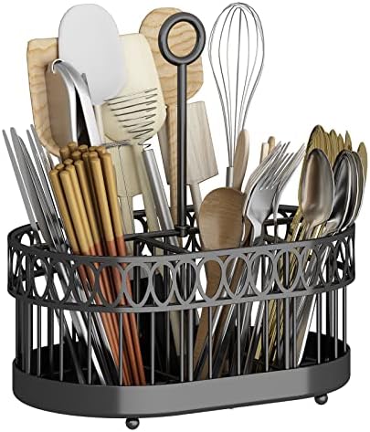 מארגן קאדי של כלים למזלגות, כפות, סכינים, מפיות וציוד שולחן, בעל כלים עם 4 תאים, שחור