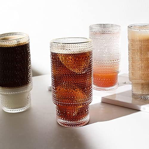סט כלי זכוכית וינטג ' של 6 כוסות זכוכית שקופות עם טיפת מים דפוס מחורצים מצולעים כוסות קפה קר לקוקטייל מיץ ויסקי