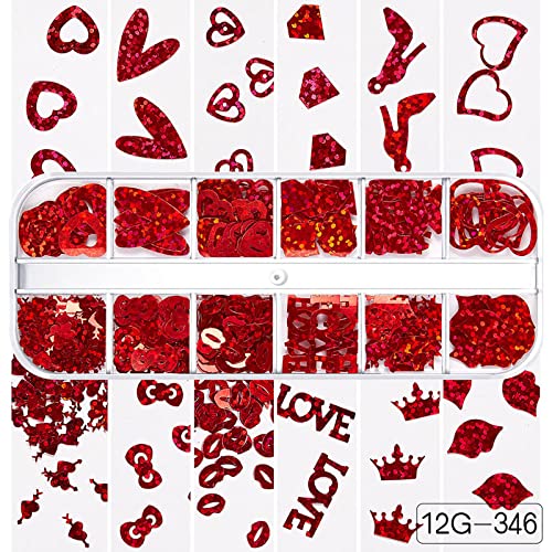 24 רשתות פאייטים נצנצים לציפורניים של יום האהבה, פתיתי נצנצים של לב לייזר הולוגרפי 3 ד, אספקת ציפורניים ליום
