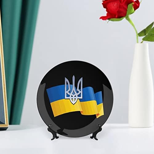 דגל אוקראיני מודפס עצם סין צלחות דקורטיביות צלחות עגולות מלאכה עם עמדת תצוגה לארוחת קיר במשרד הביתי