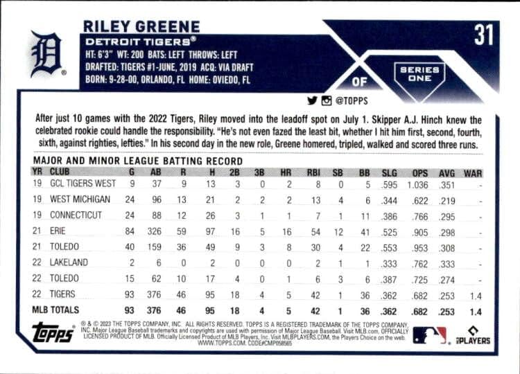 Riley Greene RC 2023 Topps 31 טירון NM+ -MT+ MLB בייסבול נמרים