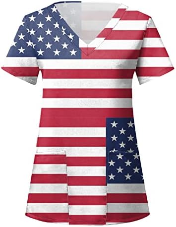 4 ביולי חולצות לנשים דגל ארה ב קיץ שרוול קצר חולצה עם 2 כיסים חולצות בגדי עבודה מזדמנים לחג