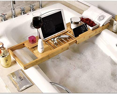 מדף גשר אמבטיה במבוק מדף קאדי מגש אמבטיה הניתן להרחבה עם חריצי טלפון טבליות, ספל נרות/מחזיק כוס, מארגן אמבטיה